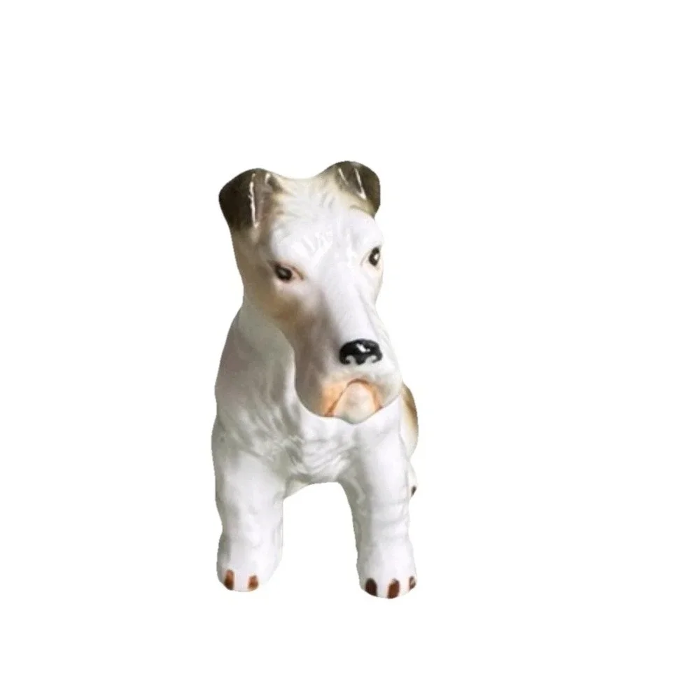 VTG Porcelain Seated Wire Fox Terrier Glossy White w/Tan Accent Perky Alert Pose